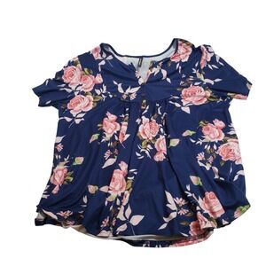 Allegrace‎ Womens Floral Babydoll Tunic Top 3X Navy Blue Rose
